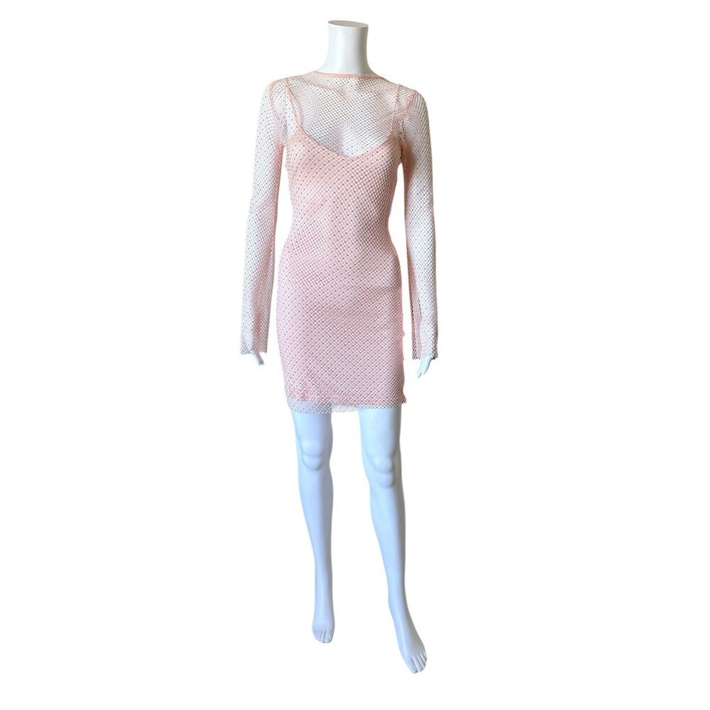 THIRTY THIRTY Womens Size XS Pink 2 Piece Rhinestone Mesh Long Sleeve Dress NWT